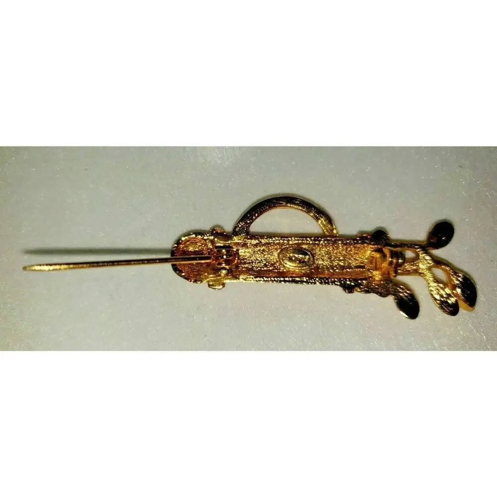 Vintage Gold Tone Golf Bag‎ And Clubs Brooch / Pin With Rhinestones